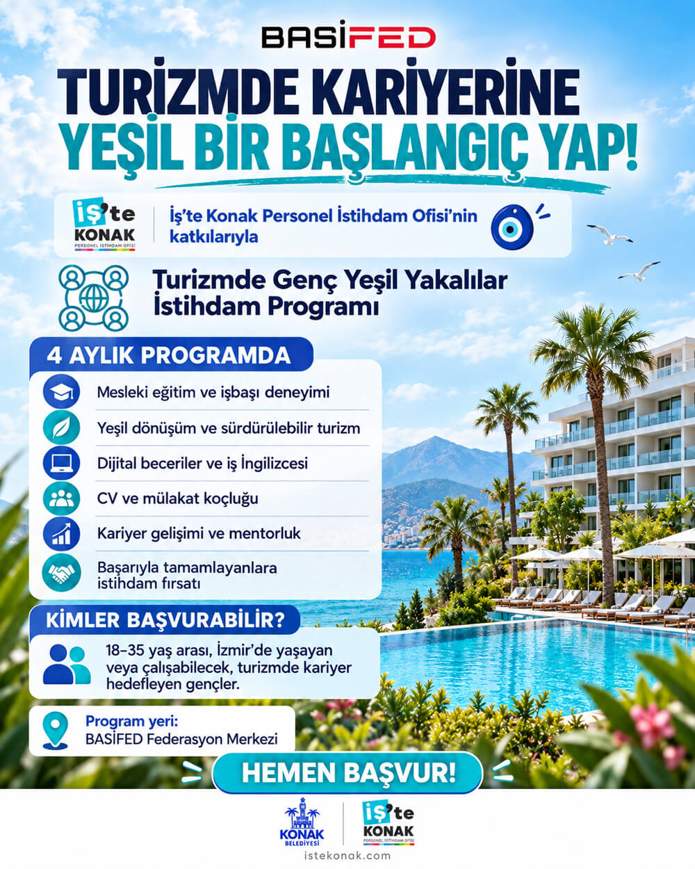 Turizmde Genç Yeşil Yakalılar İstihdam Programı: BASİFED’in İZKA desteğiyle hayata geçirdiği, 18–35 yaş arası gençlere yönelik dört aylık eğitim, işbaşı deneyimi, mentorluk ve istihdam fırsatları programı.